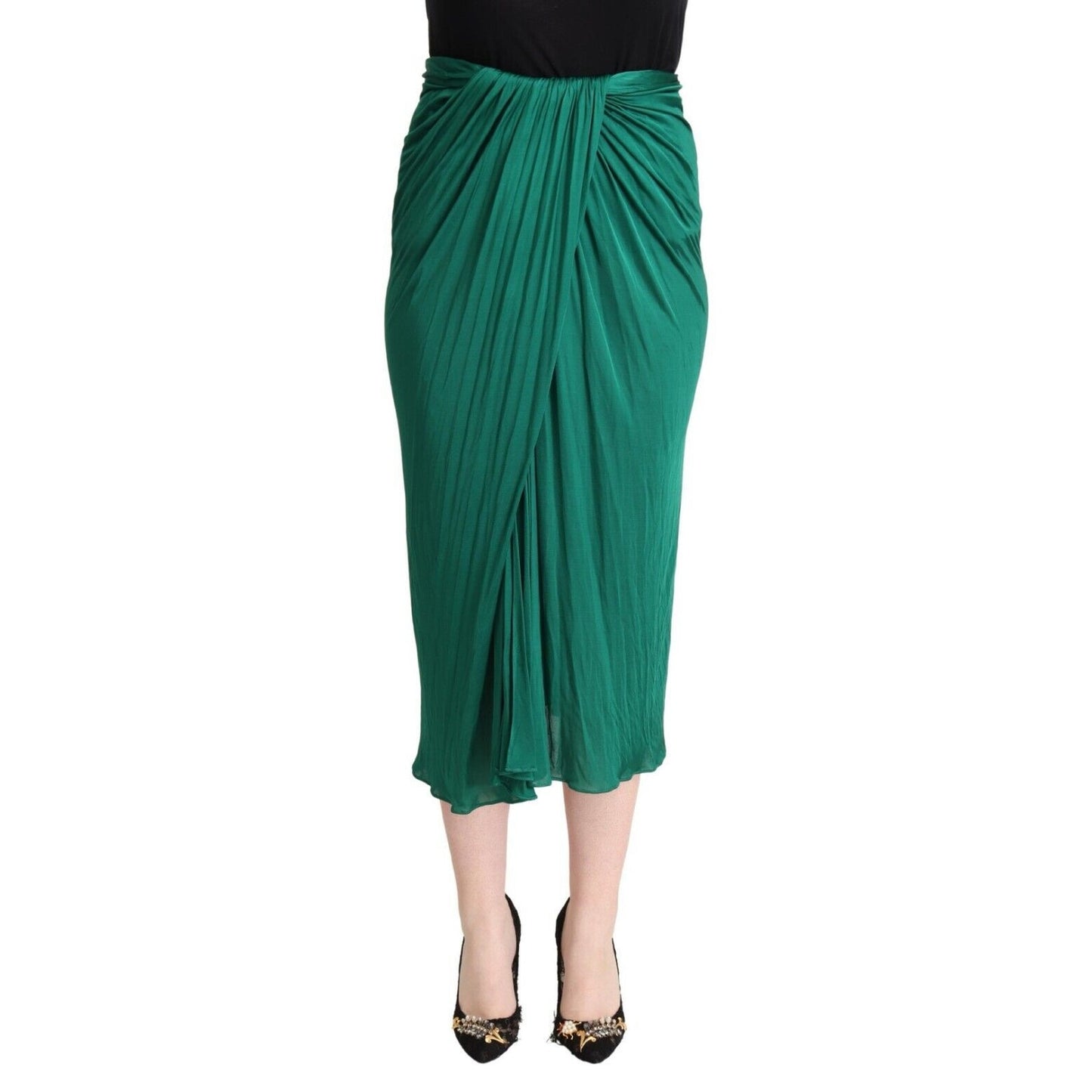 Dolce & Gabbana Dark Green High Waist Midi Pencil Cut Pleated Skirt