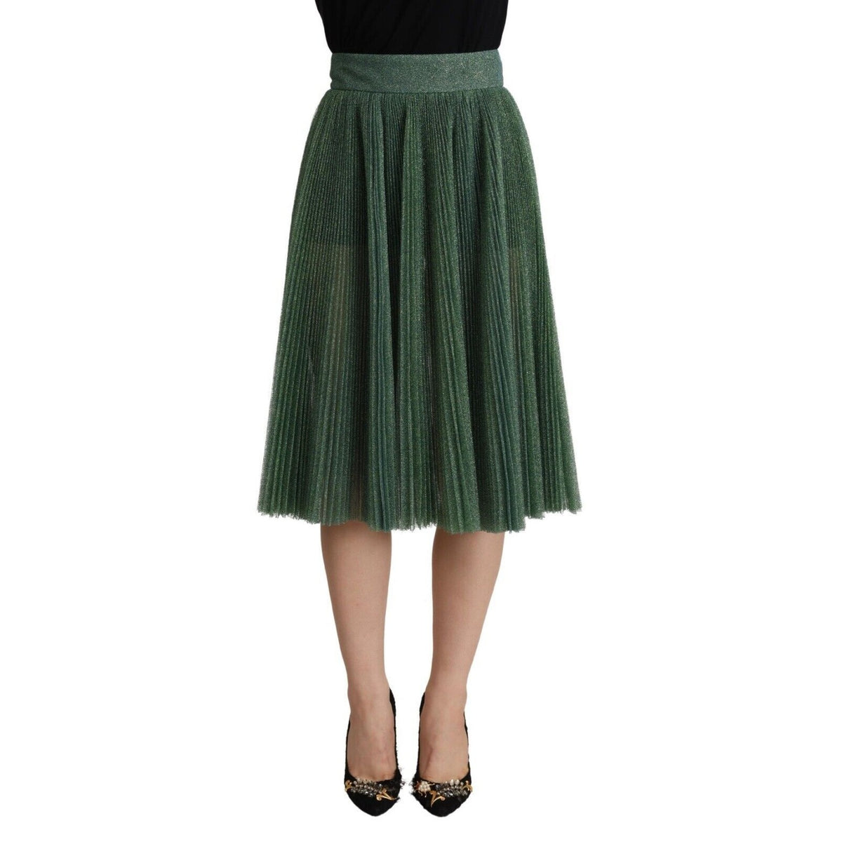 Dolce & Gabbana Metallic Green High Waist A-line Pleated Skirt