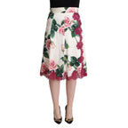 Dolce & Gabbana White Rose Print High Waist Midi A-line Skirt