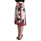 Dolce & Gabbana White Rose Print High Waist Midi A-line Skirt
