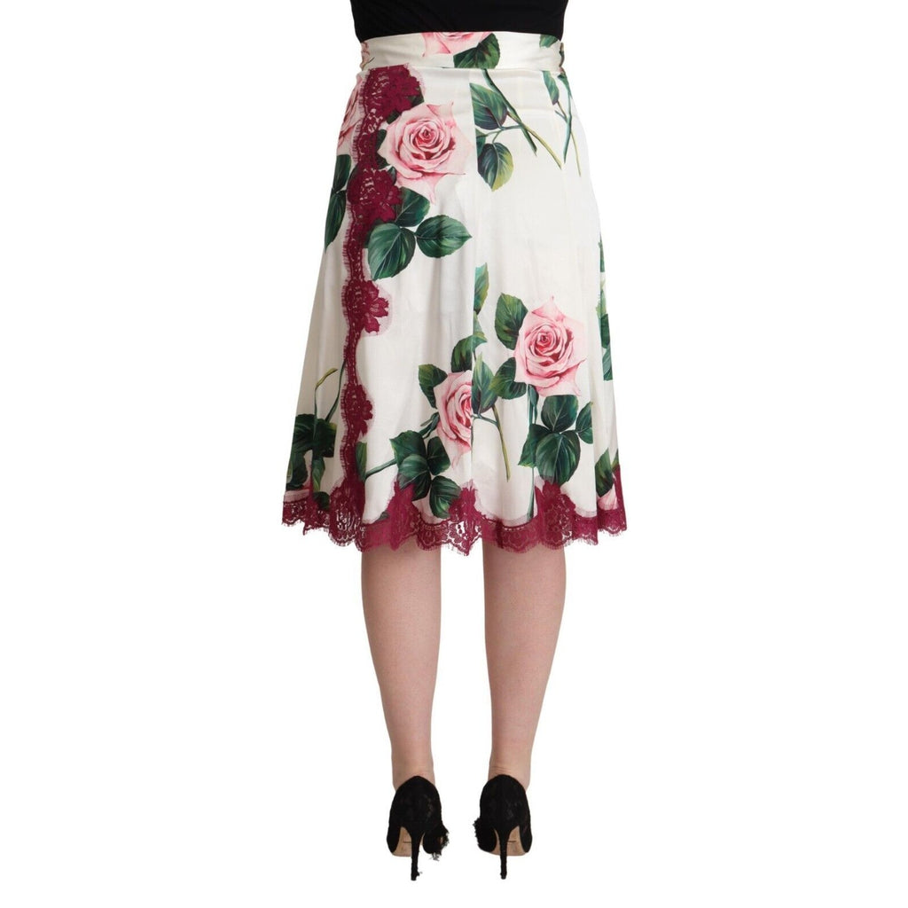Dolce & Gabbana White Rose Print High Waist Midi A-line Skirt
