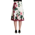 Dolce & Gabbana White Rose Print High Waist Midi A-line Skirt