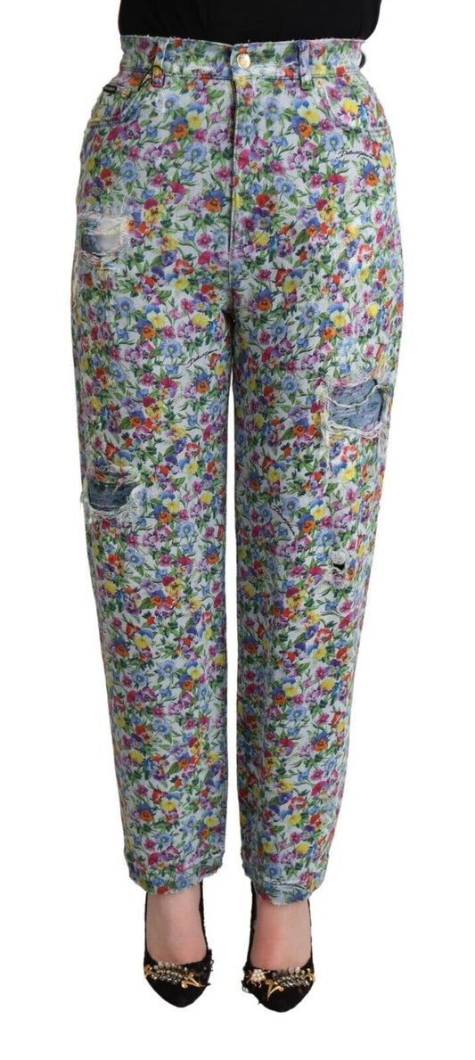 Dolce & Gabbana Blue Floral Print High Waist Denim Tapered Jeans Dolce & Gabbana