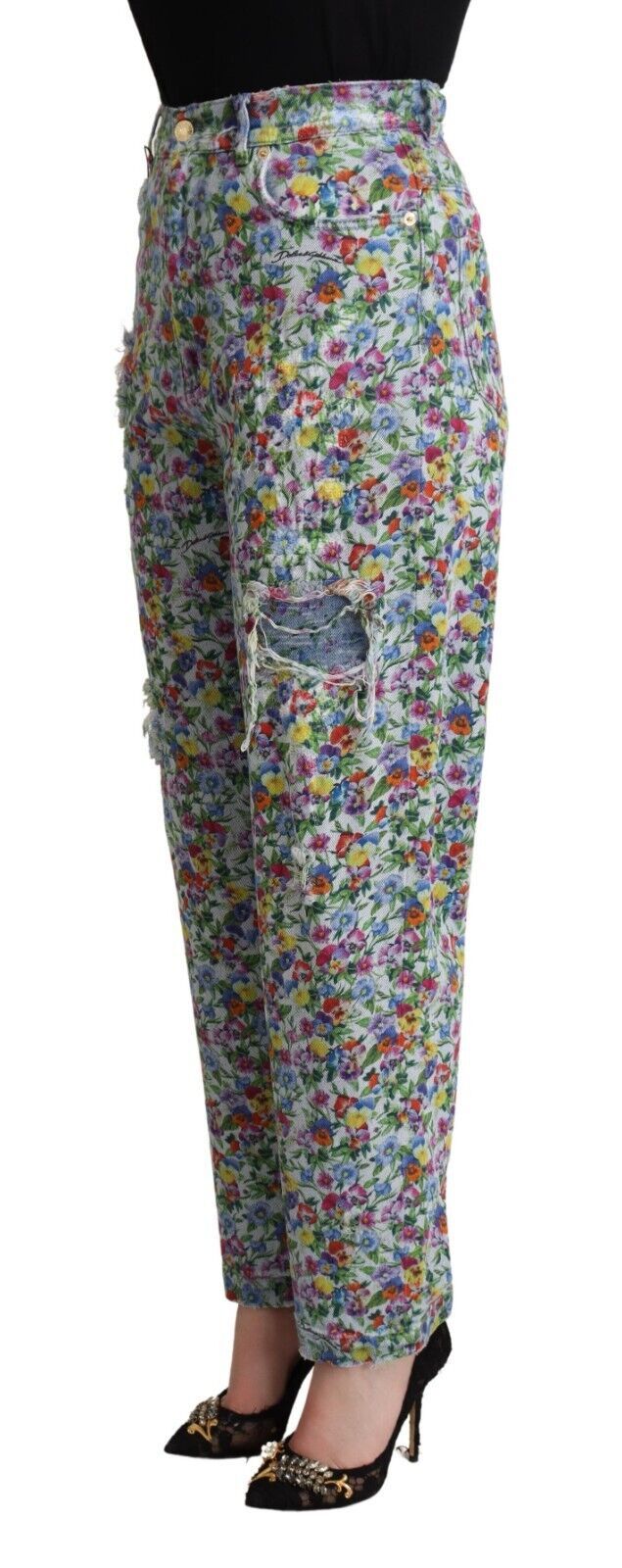 Dolce & Gabbana Blue Floral Print High Waist Denim Tapered Jeans Dolce & Gabbana