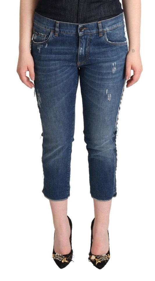 Dolce & Gabbana Blue Washed Mid Waist Denim Logo Cropped Jeans Dolce & Gabbana