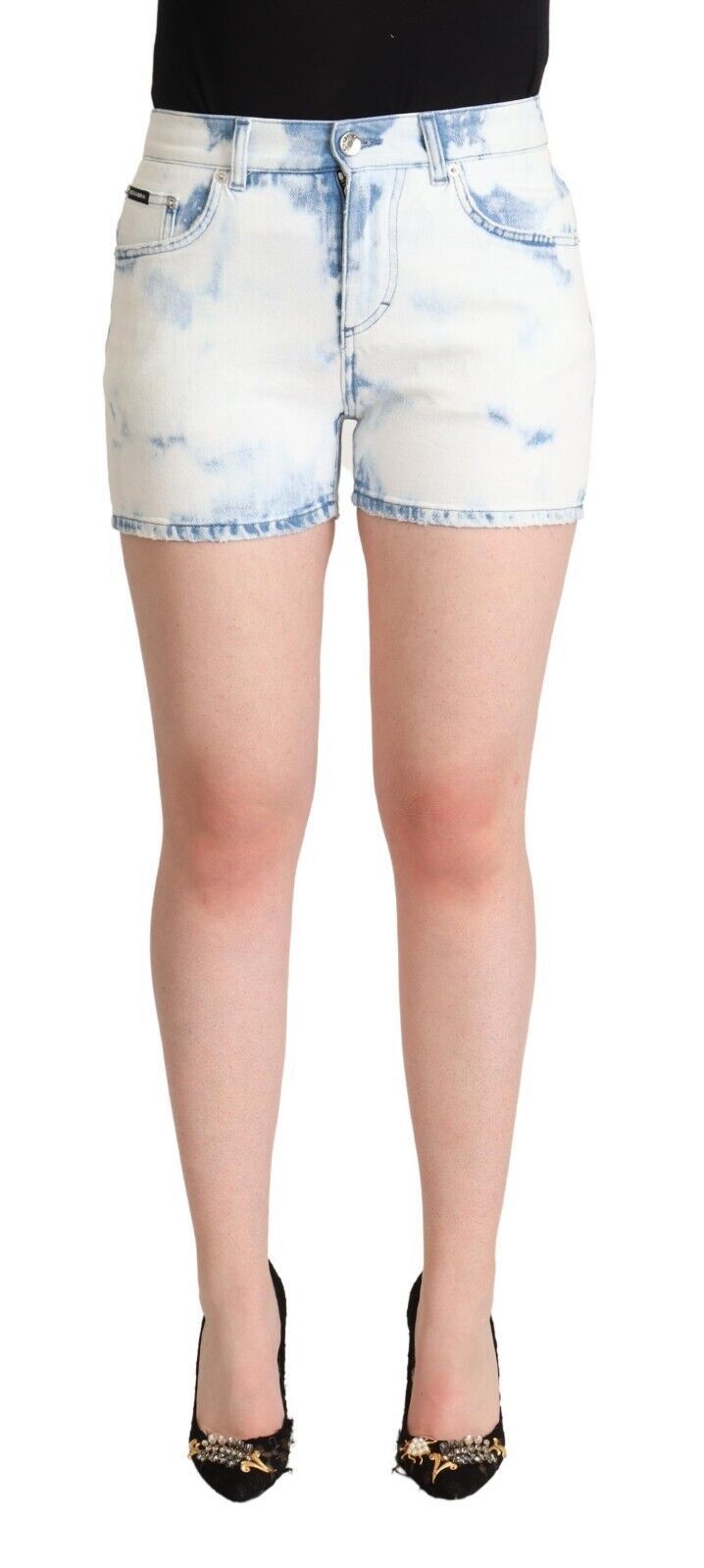 Dolce & Gabbana White Blue Dye Cotton Mid Waist Denim Shorts Dolce & Gabbana