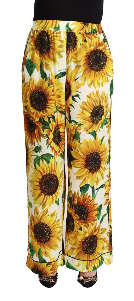 Dolce & Gabbana White Sunflower Print Mid Waist Wide Leg Pants Dolce & Gabbana