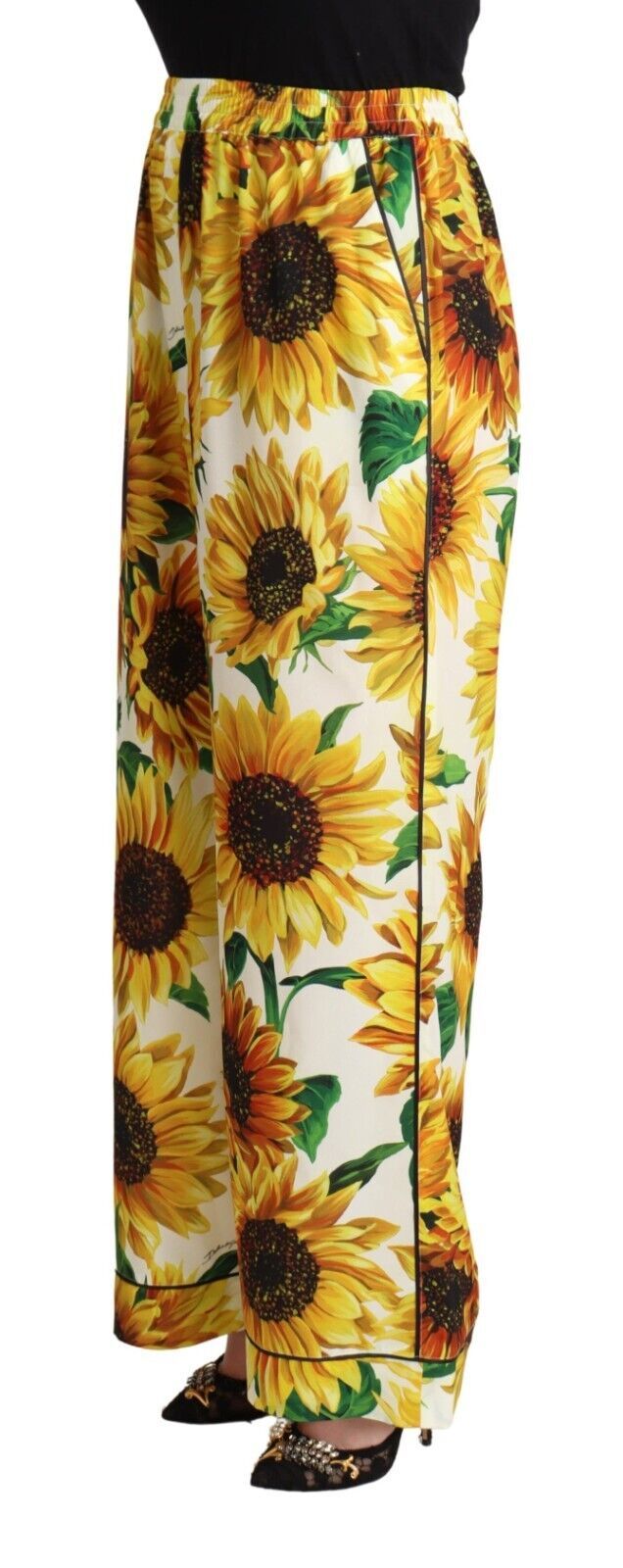 Dolce & Gabbana White Sunflower Print Mid Waist Wide Leg Pants Dolce & Gabbana