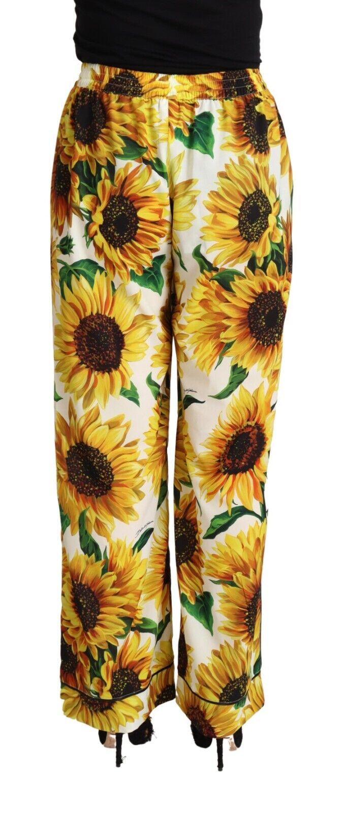 Dolce & Gabbana White Sunflower Print Mid Waist Wide Leg Pants Dolce & Gabbana