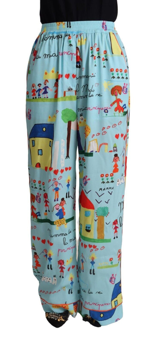 Dolce & Gabbana Light Blue Drawing Mid Waist Wide Leg Pants Dolce & Gabbana
