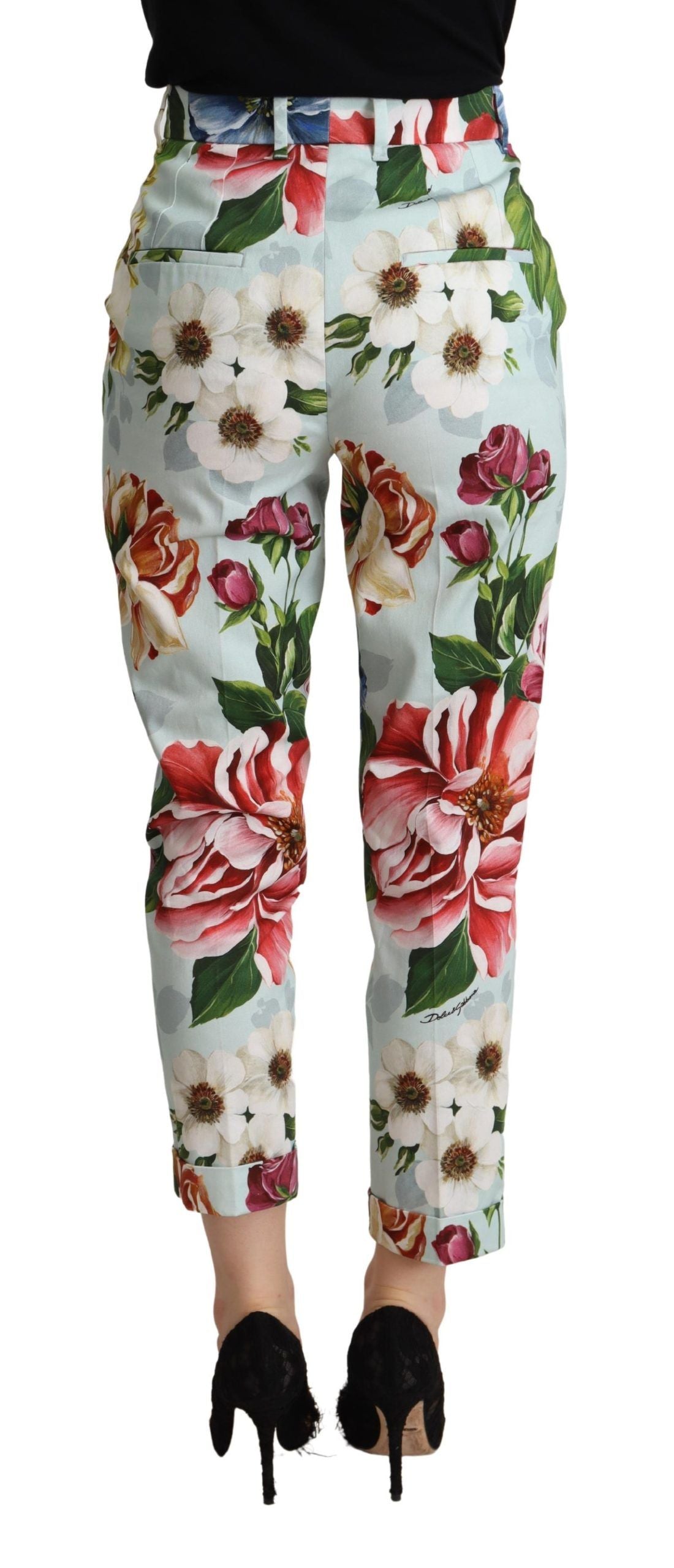 Dolce & Gabbana Light Blue Fiori Print Cotton Trouser Tapered Pants Dolce & Gabbana