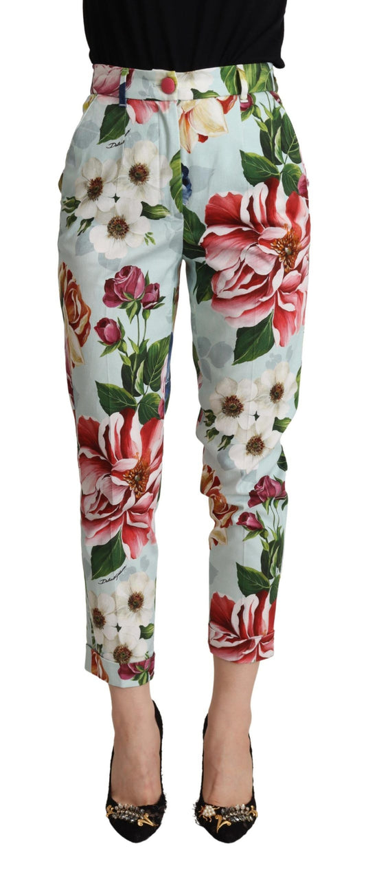 Dolce & Gabbana Light Blue Fiori Print Cotton Trouser Tapered Pants Dolce & Gabbana