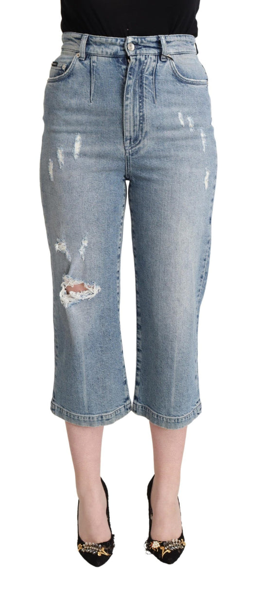 Dolce & Gabbana Blue Tattered Cotton Denim Capri Cropped Jeans Dolce & Gabbana