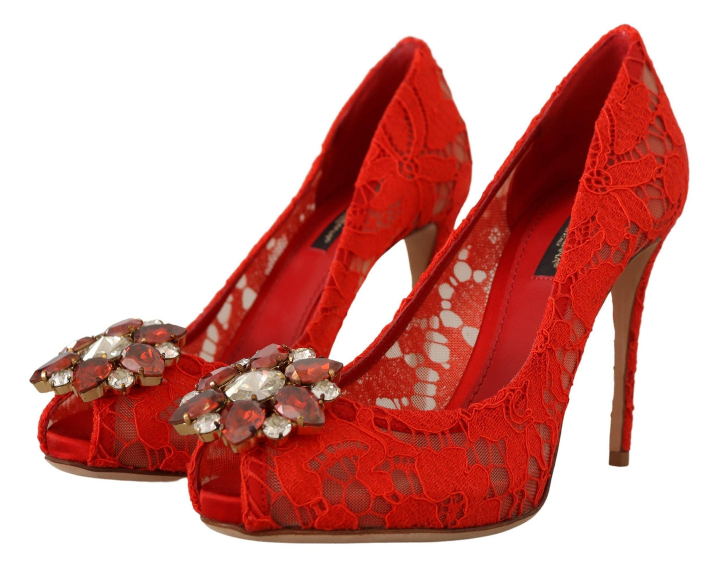 Dolce & Gabbana Red Taormina Lace Crystal Heels Pumps Dolce & Gabbana