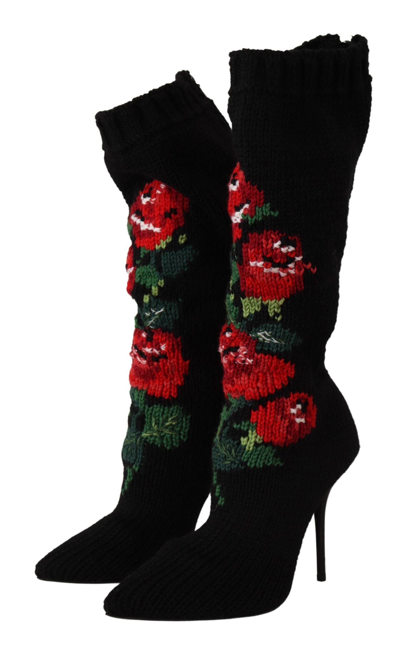 Dolce & Gabbana Black Stretch Socks Red Roses Booties Shoes Dolce & Gabbana