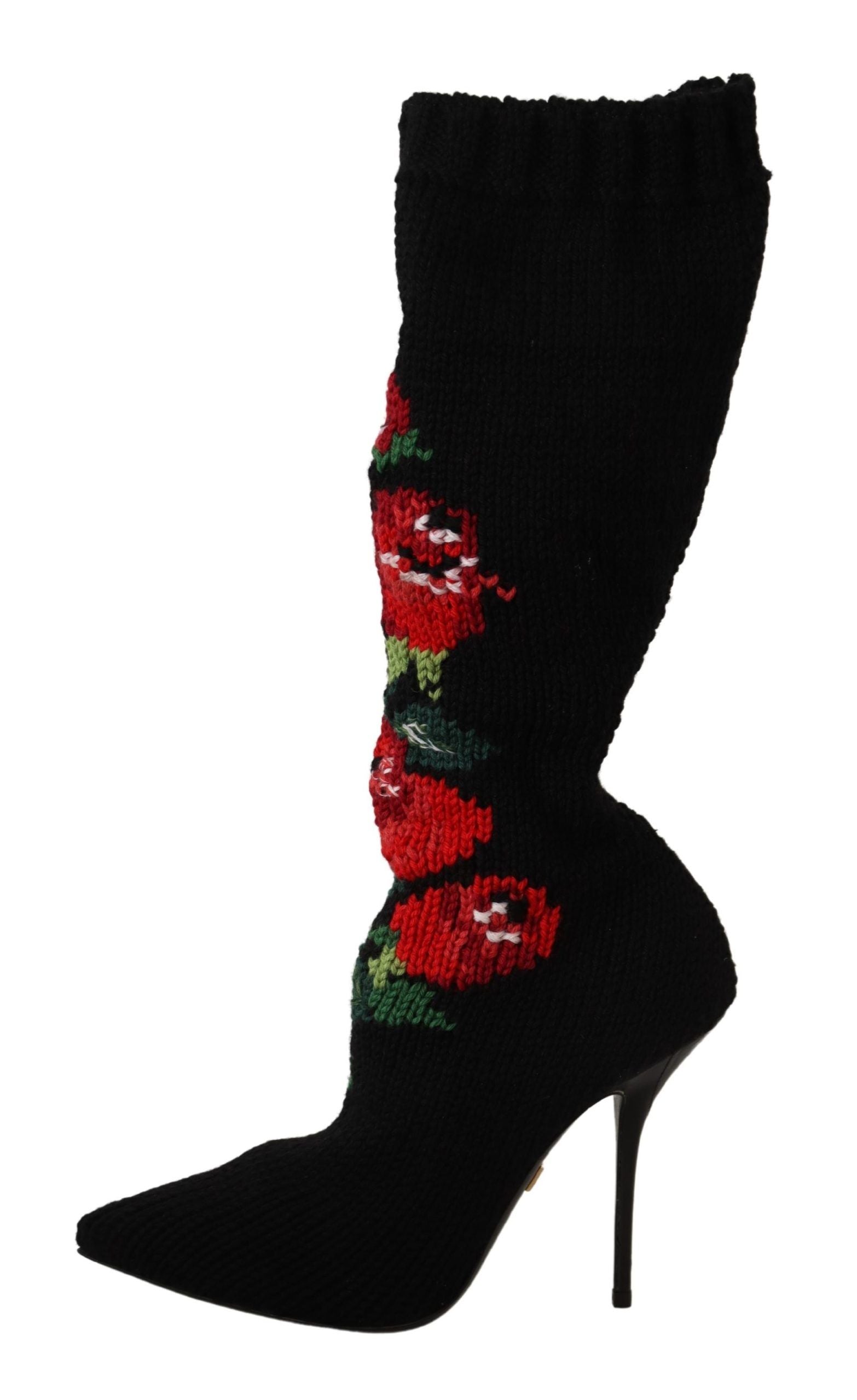 Dolce & Gabbana Black Stretch Socks Red Roses Booties Shoes Dolce & Gabbana