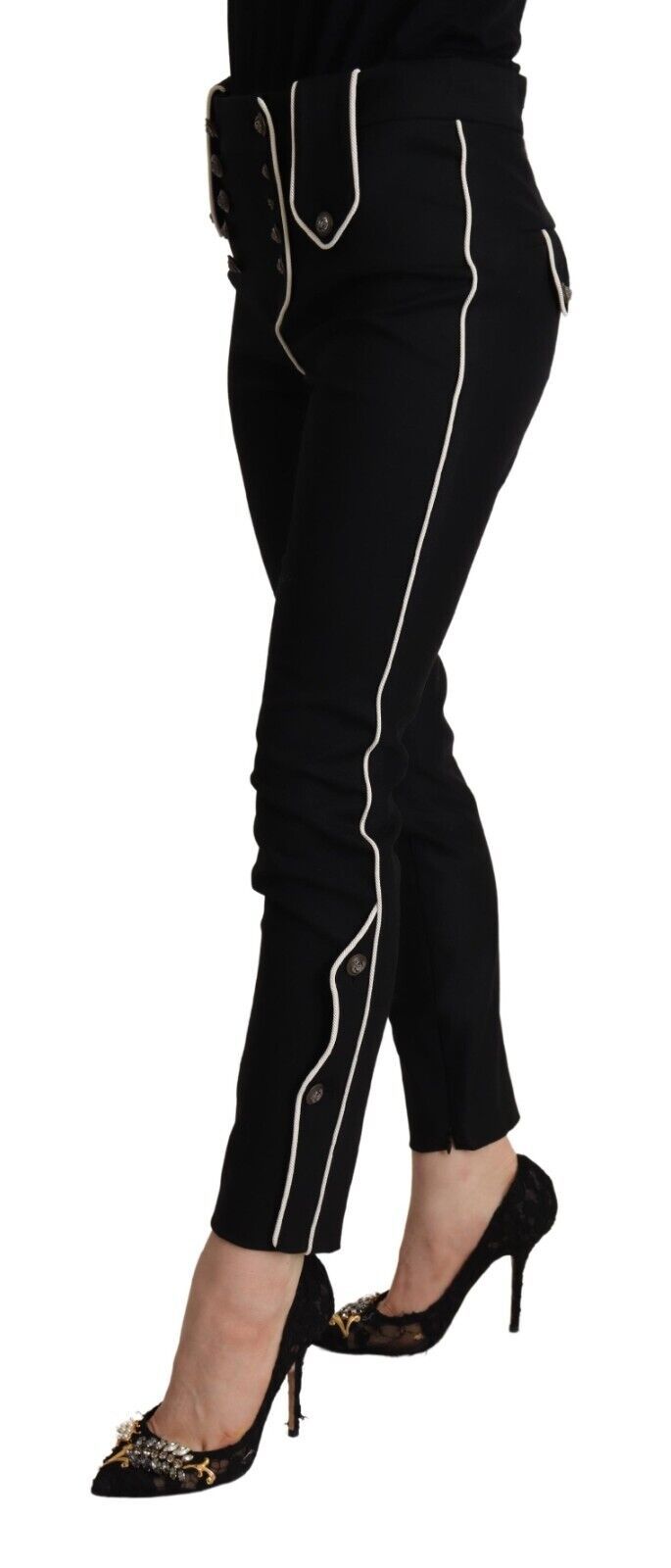 Dolce & Gabbana Black Mid Waist Button Embellished Slim Fit Pants Dolce & Gabbana