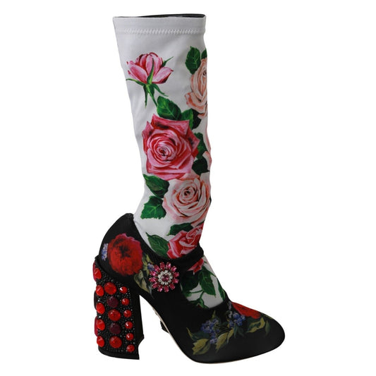 Dolce & Gabbana Black Floral Socks Crystal Jersey Boots Shoes Dolce & Gabbana
