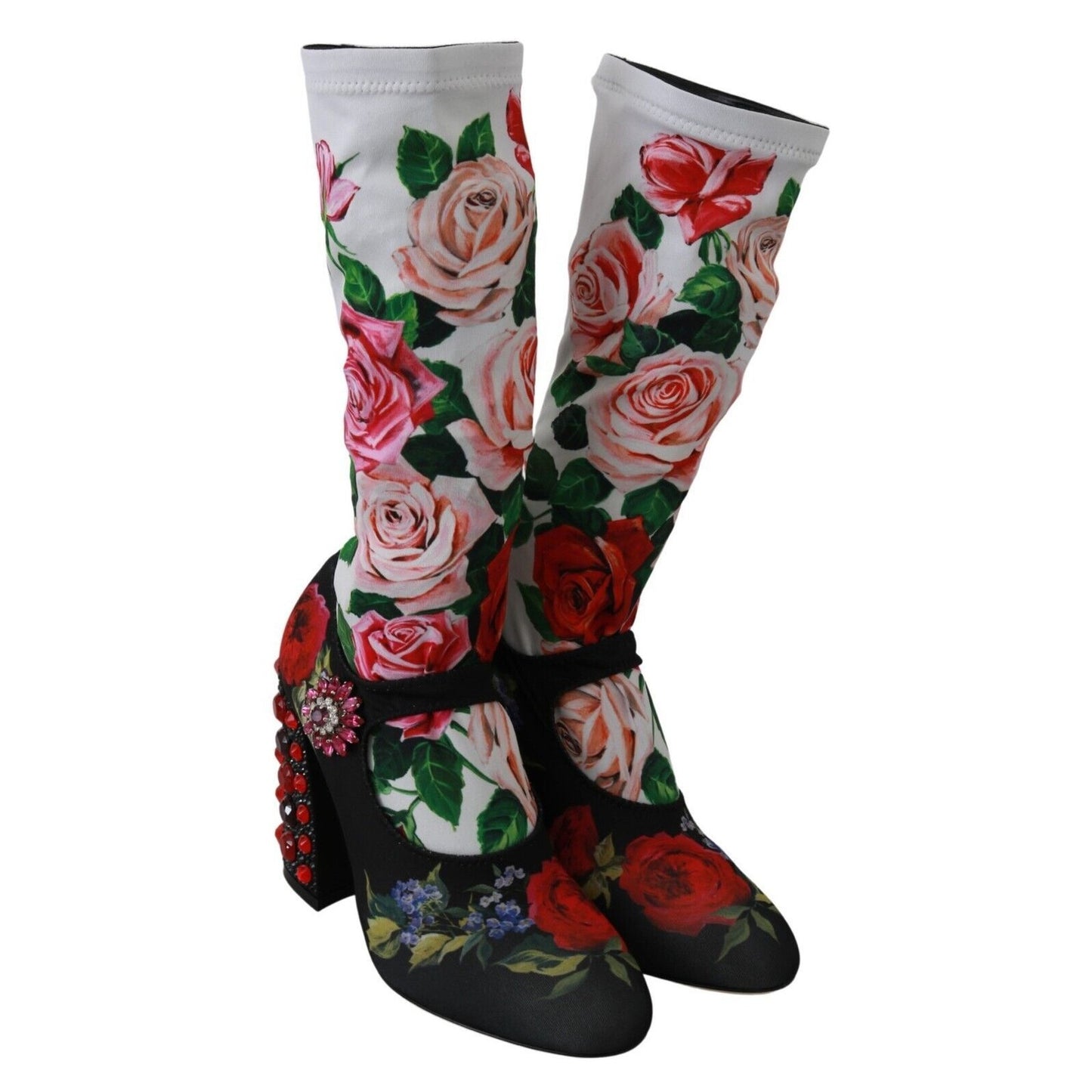 Dolce & Gabbana Black Floral Socks Crystal Jersey Boots Shoes Dolce & Gabbana