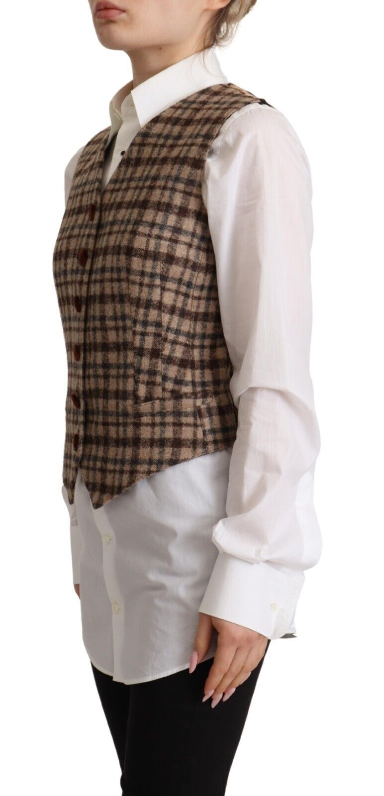 Dolce & Gabbana Brown Checkered Leopard V-neck Sleeveless Vest Top Dolce & Gabbana