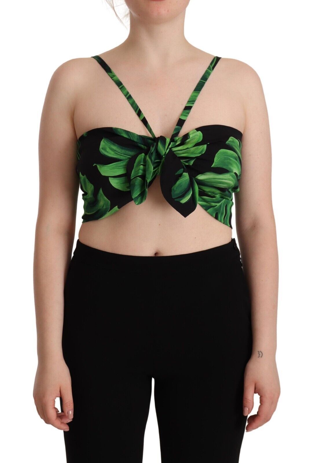 Dolce & Gabbana Black Green Leaf Silk Halter Cropped Top Dolce & Gabbana