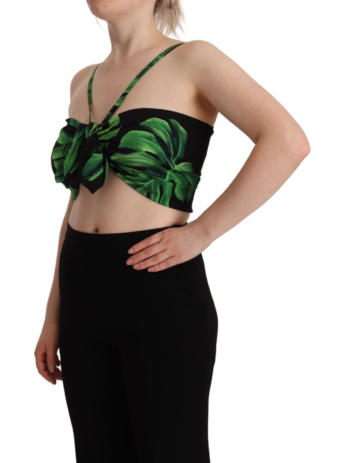 Dolce & Gabbana Black Green Leaf Silk Halter Cropped Top Dolce & Gabbana