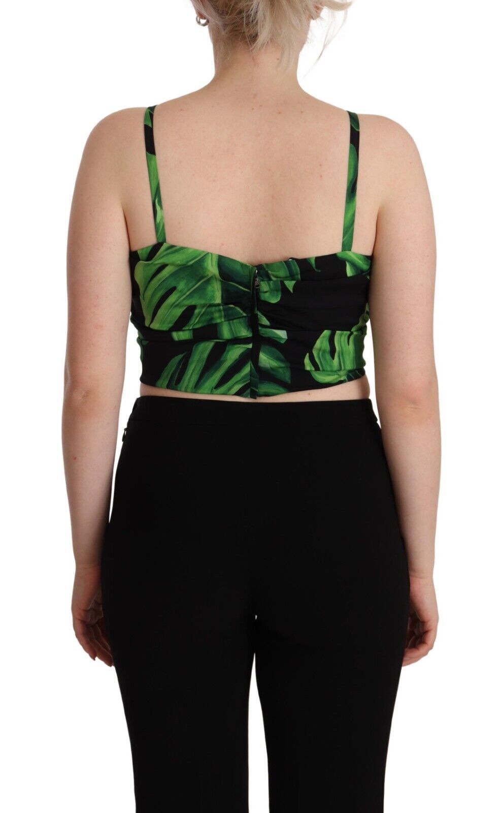 Dolce & Gabbana Black Green Leaf Silk Halter Cropped Top Dolce & Gabbana