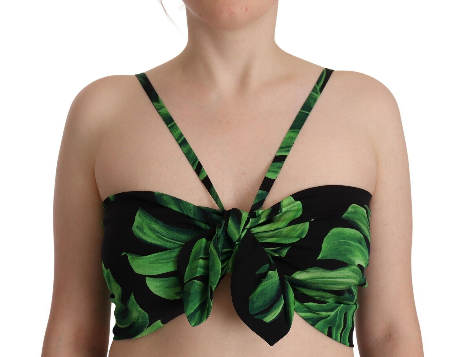 Dolce & Gabbana Black Green Leaf Silk Halter Cropped Top Dolce & Gabbana