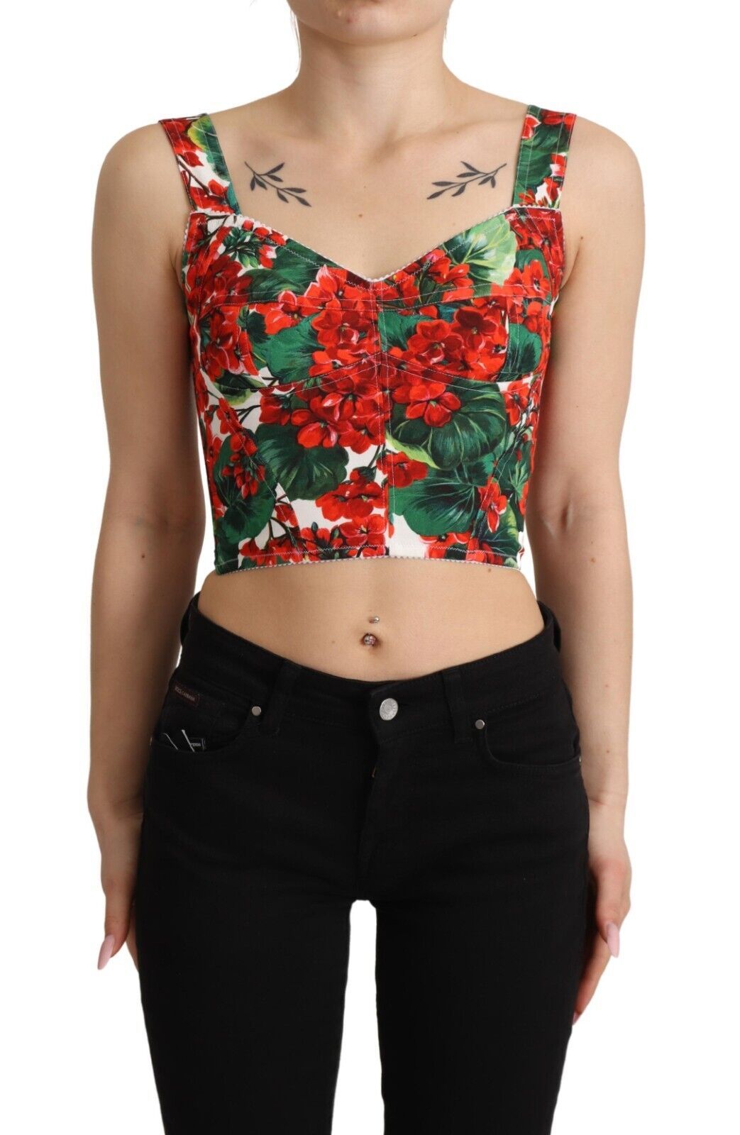Dolce & Gabbana Red Geranium Print Viscose Sweetheart Cropped Top Dolce & Gabbana