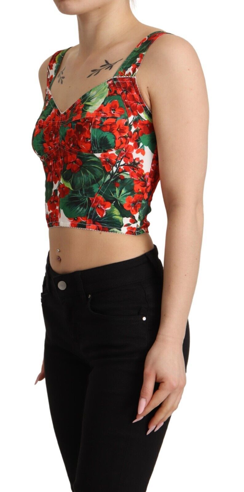 Dolce & Gabbana Red Geranium Print Viscose Sweetheart Cropped Top Dolce & Gabbana