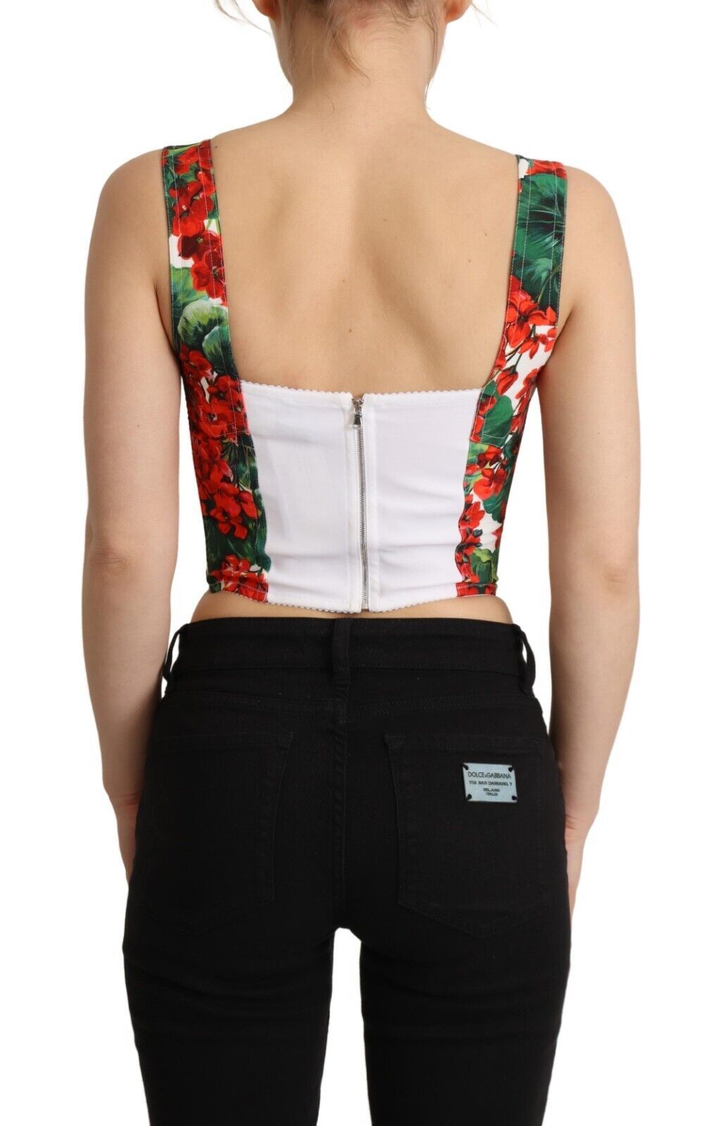 Dolce & Gabbana Red Geranium Print Viscose Sweetheart Cropped Top Dolce & Gabbana