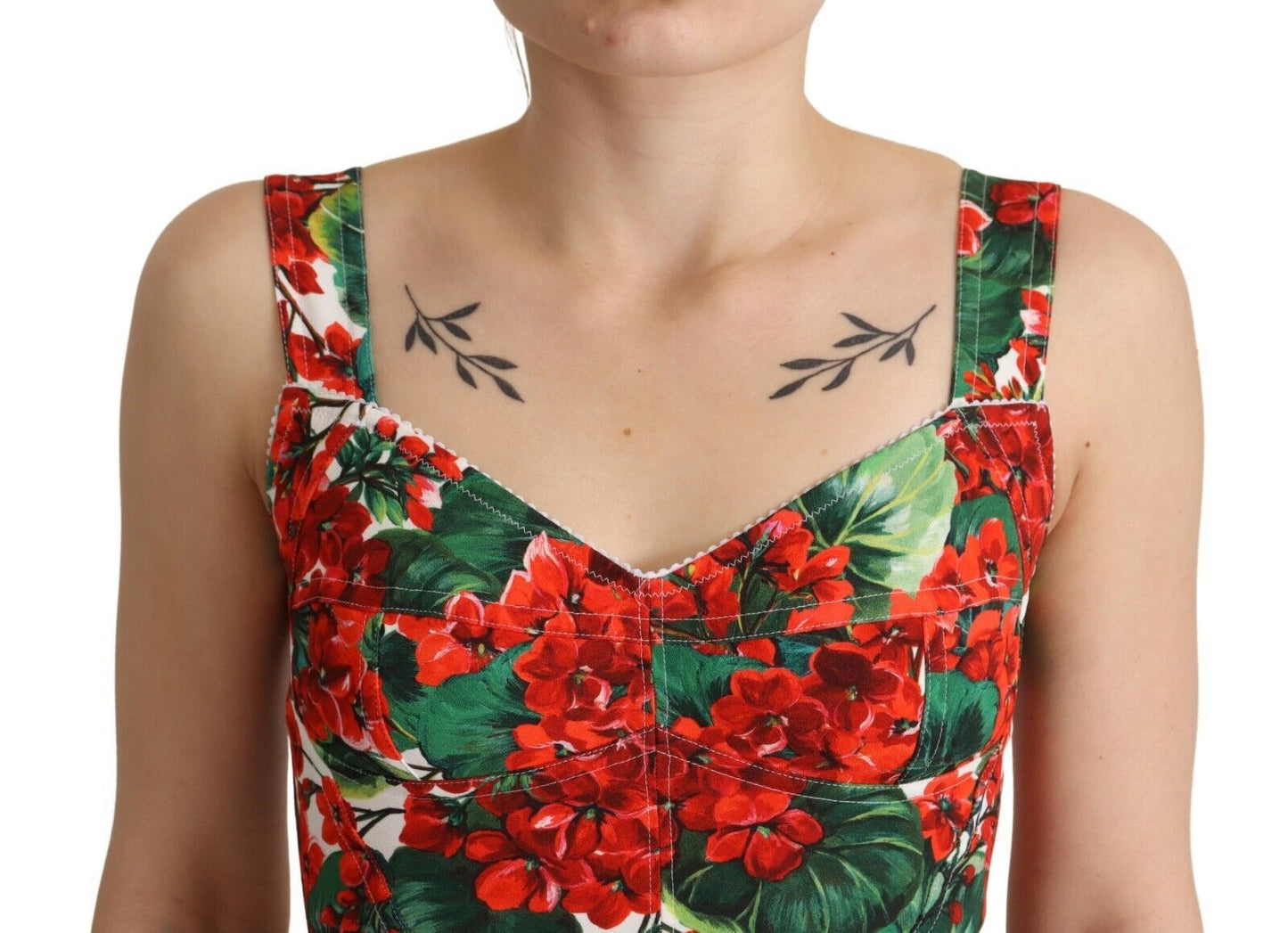 Dolce & Gabbana Red Geranium Print Viscose Sweetheart Cropped Top Dolce & Gabbana