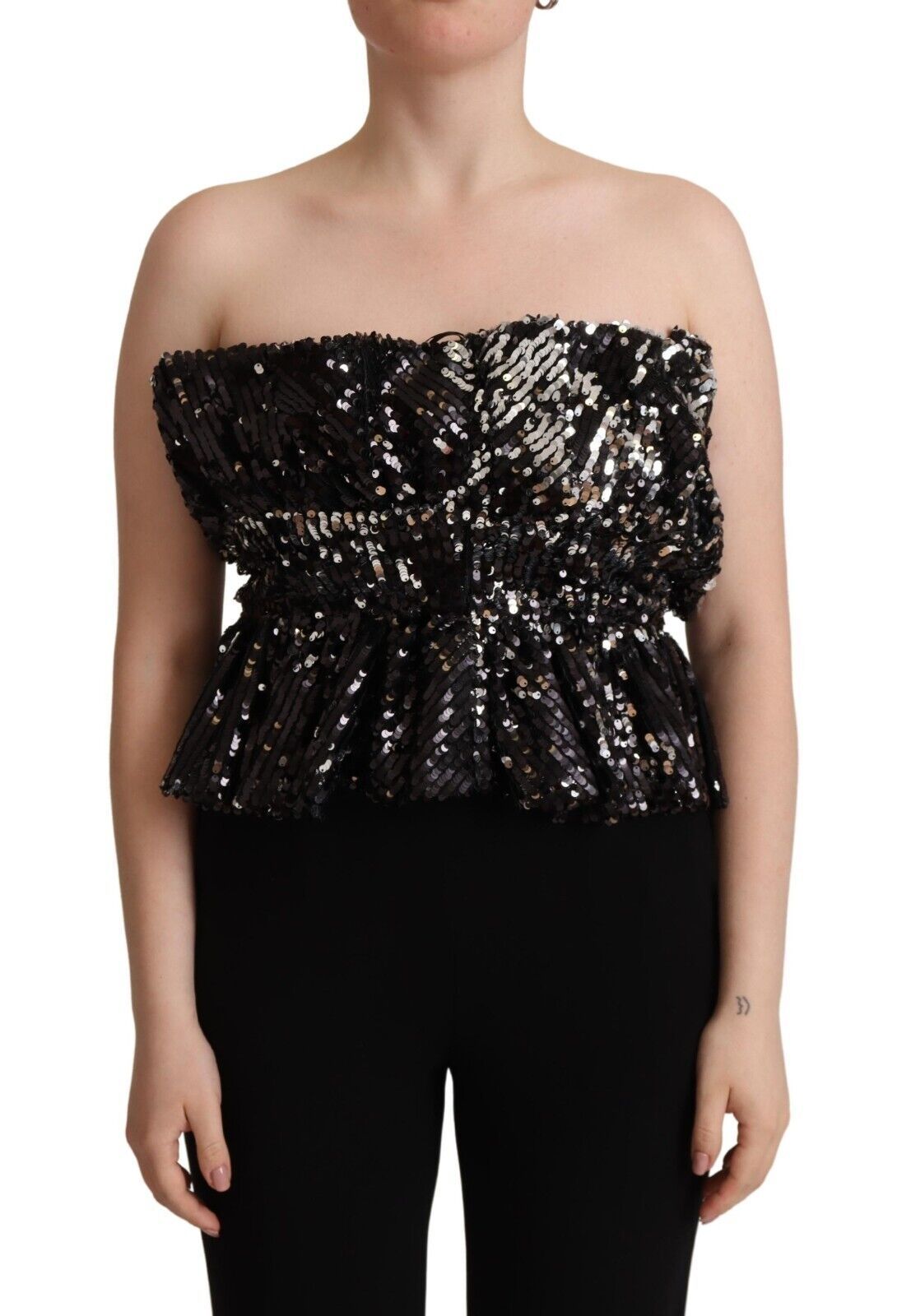 Aniye By Black Sequined Polyester Strapless Cocktail Blouse Top Aniye By