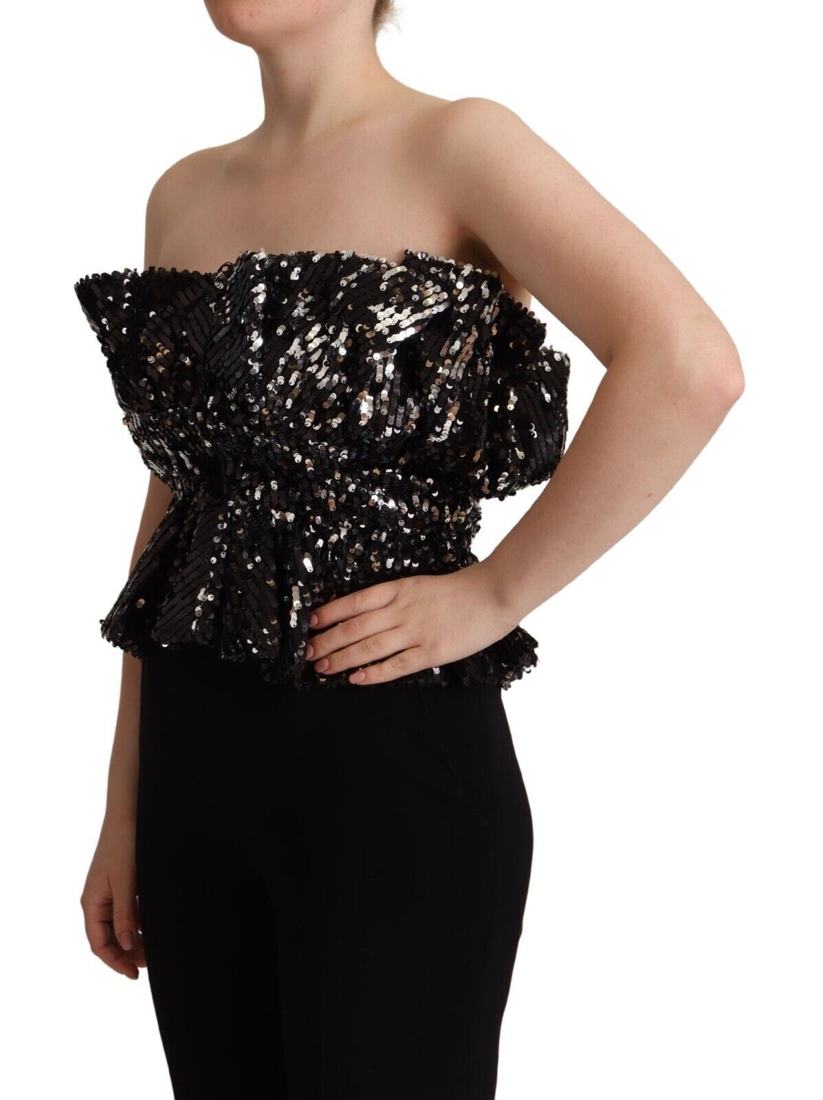 Aniye By Black Sequined Polyester Strapless Cocktail Blouse Top Aniye By