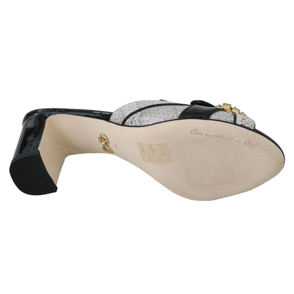 Dolce & Gabbana Black Gray Exotic Leather Crystals Sandals Shoes