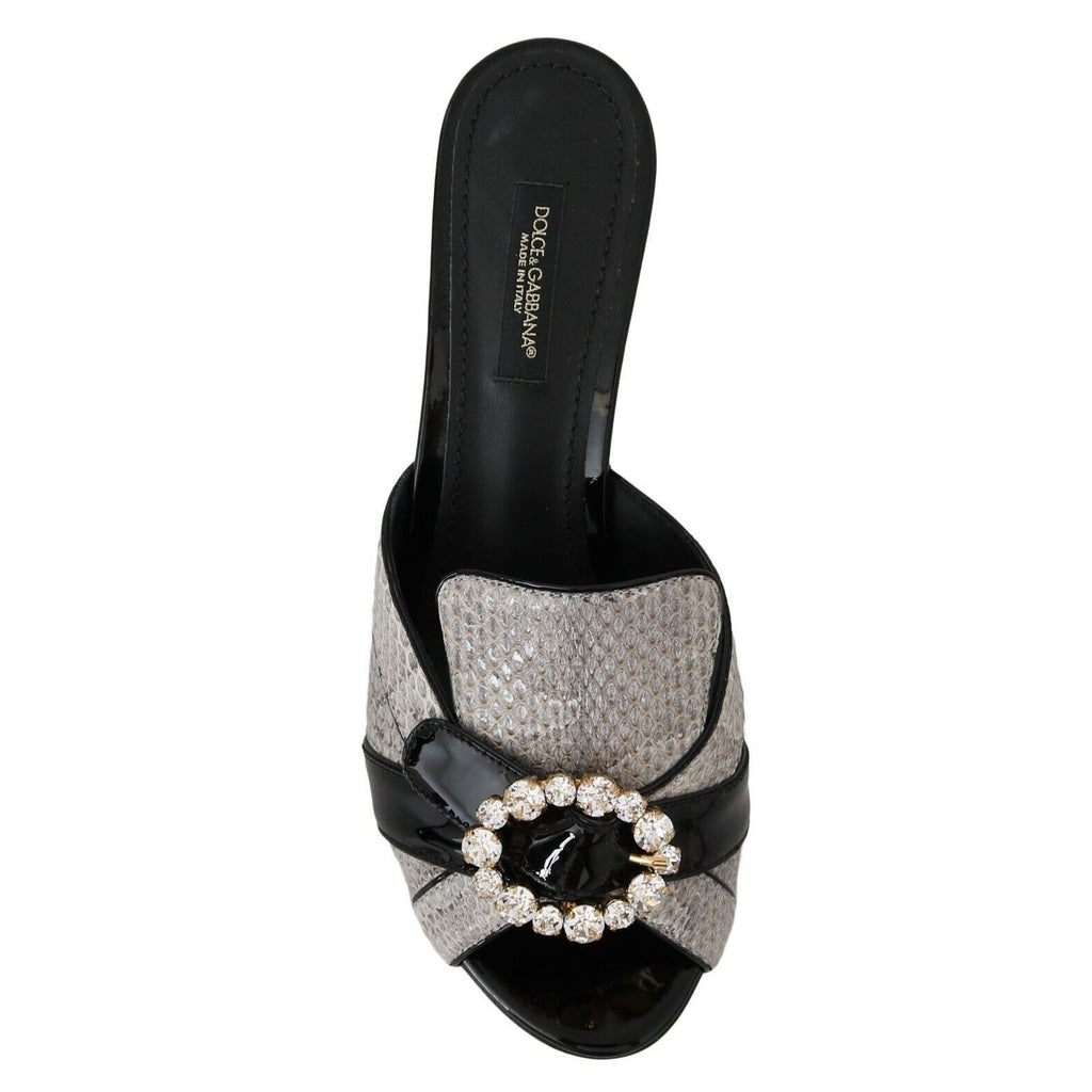 Dolce & Gabbana Black Gray Exotic Leather Crystals Sandals Shoes
