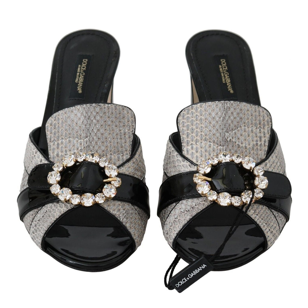 Dolce & Gabbana Black Gray Exotic Leather Crystals Sandals Shoes
