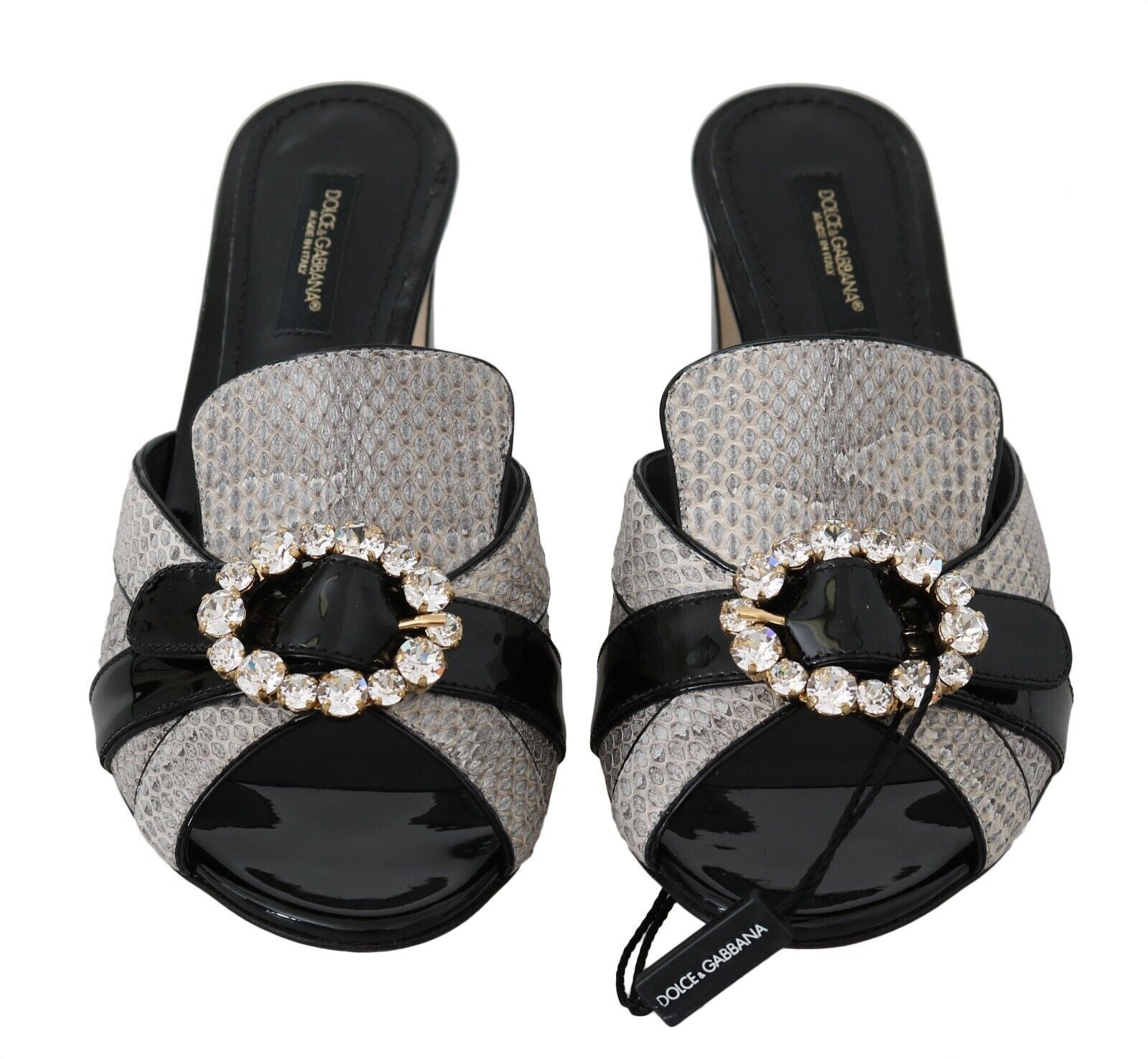 Dolce & Gabbana Black Gray Exotic Leather Crystals Sandals Shoes Dolce & Gabbana