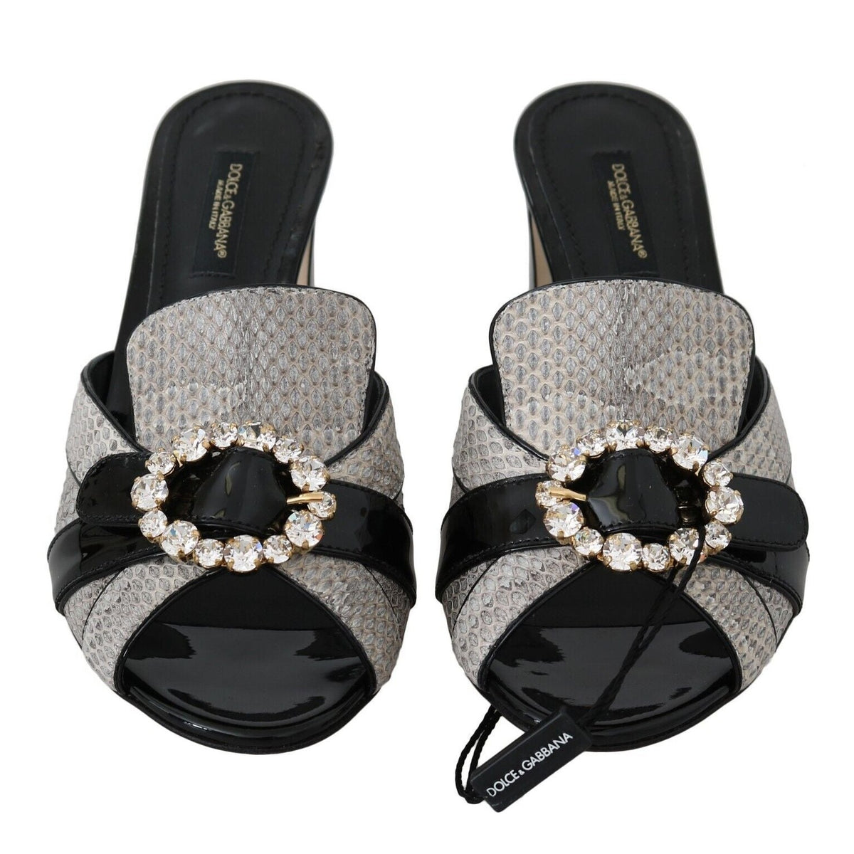 Dolce & Gabbana Black Gray Exotic Leather Crystals Sandals Shoes