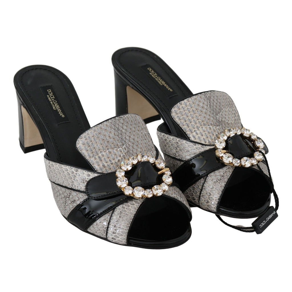 Dolce & Gabbana Black Gray Exotic Leather Crystals Sandals Shoes