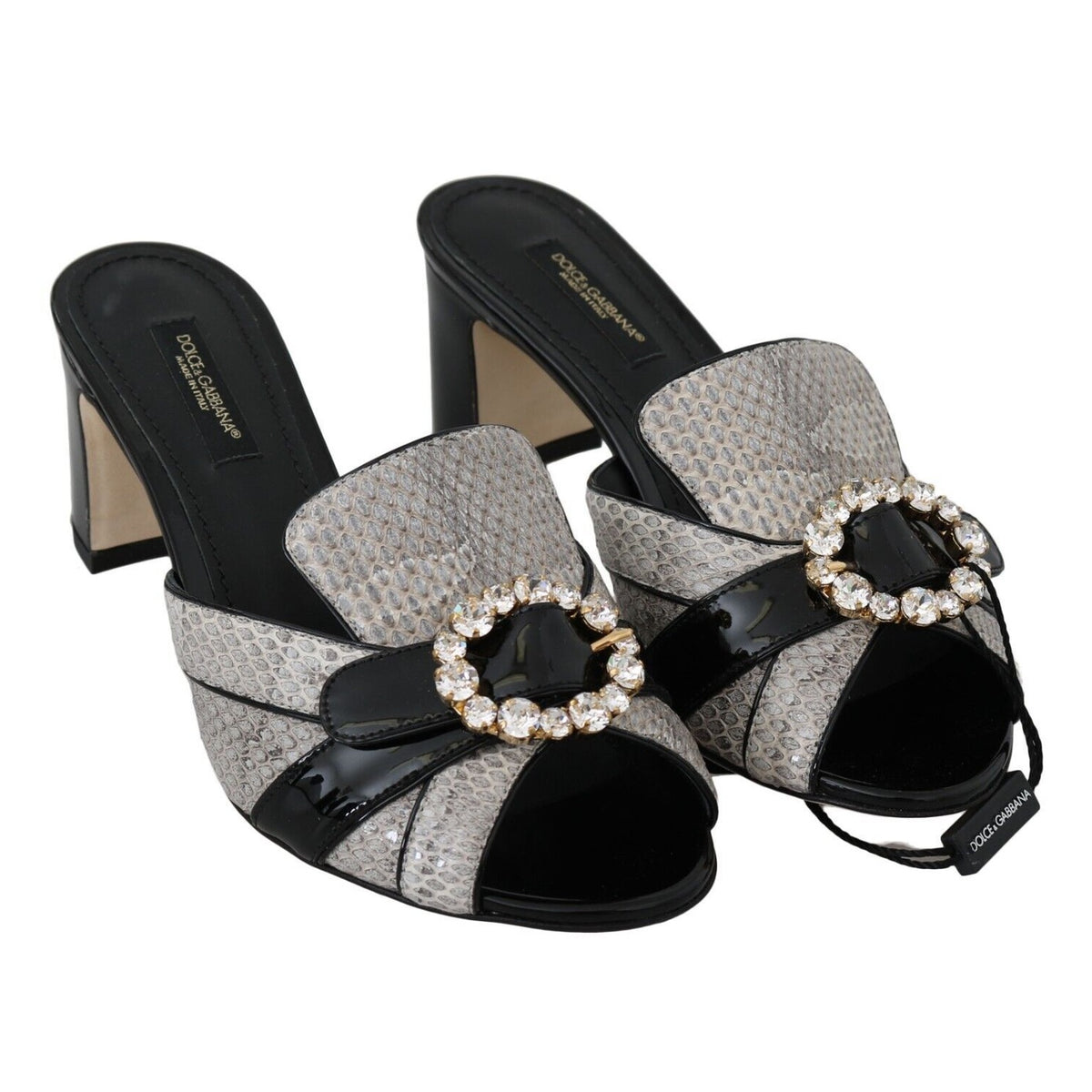 Dolce & Gabbana Black Gray Exotic Leather Crystals Sandals Shoes