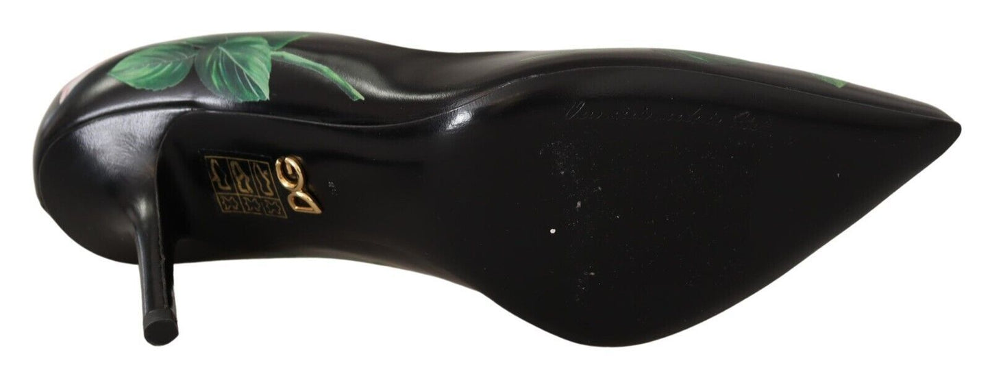 Dolce & Gabbana Black Leather Roses High Heels Pumps Shoes