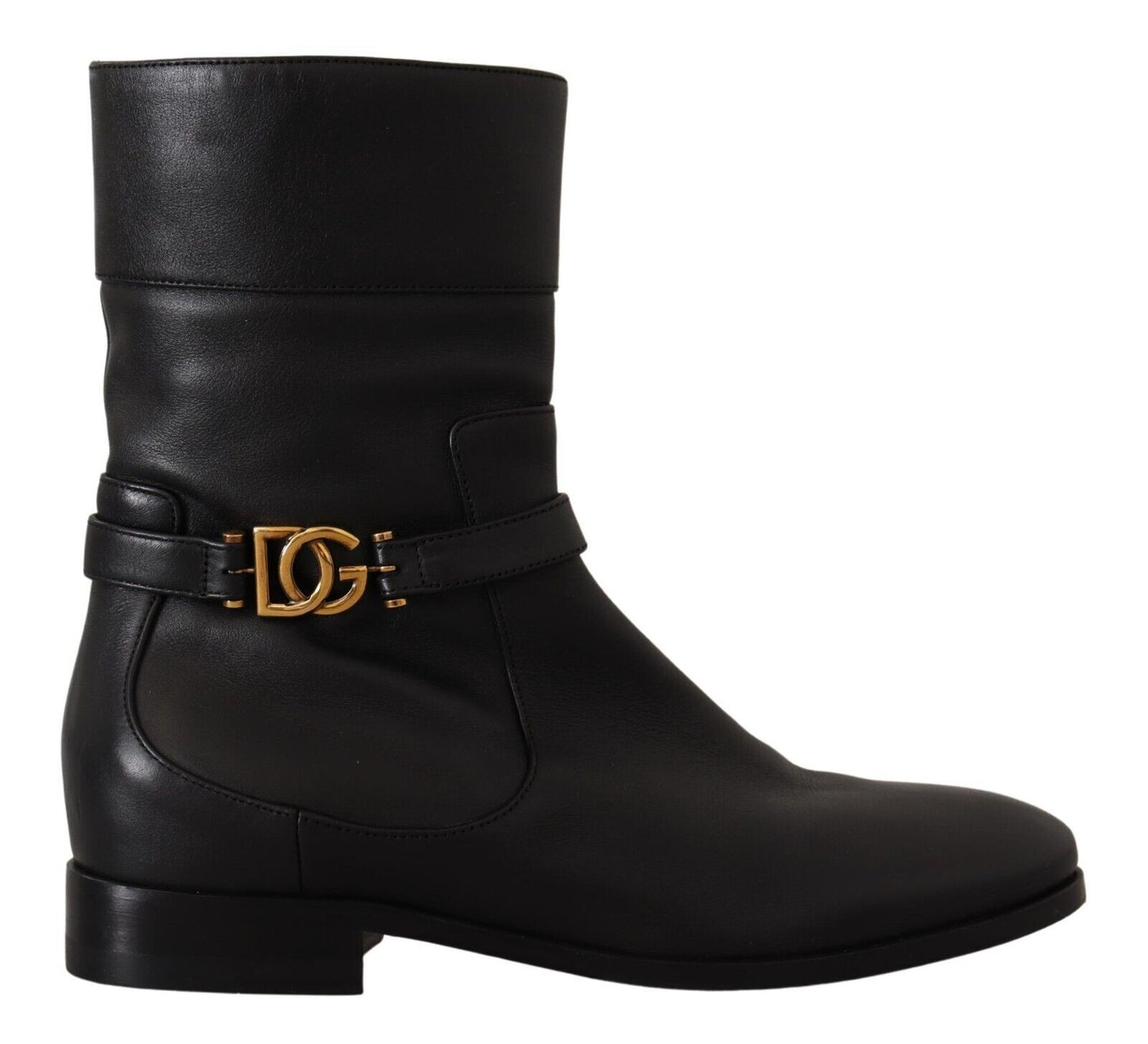 Dolce & Gabbana Black Leather Flats Logo Short Boots Shoes Dolce & Gabbana
