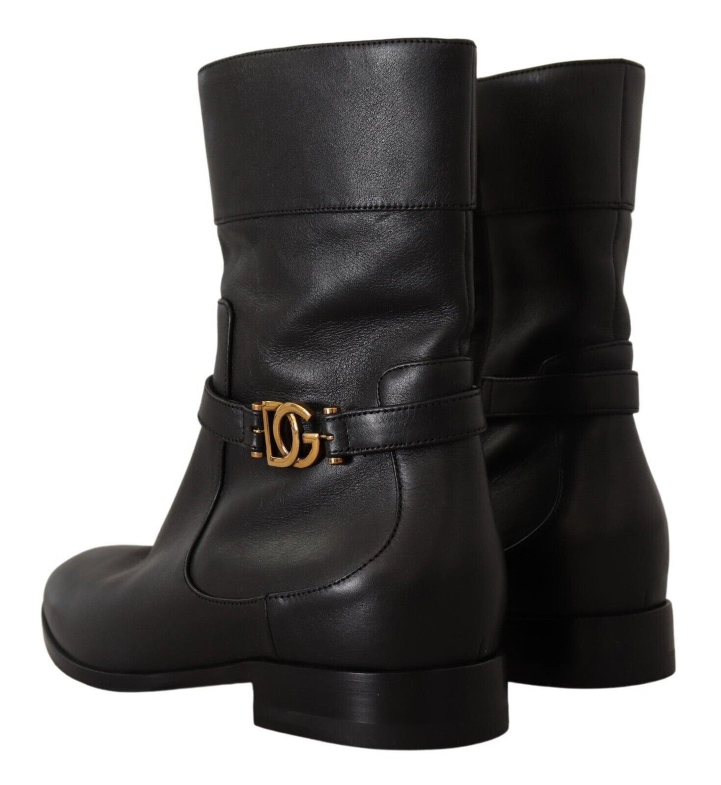 Dolce & Gabbana Black Leather Flats Logo Short Boots Shoes Dolce & Gabbana