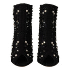 Dolce & Gabbana Black Crystals Heels Zipper Short Boots Shoes
