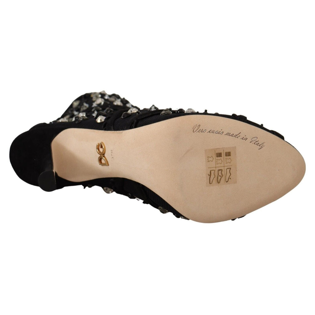 Dolce & Gabbana Black Crystals Heels Zipper Short Boots Shoes
