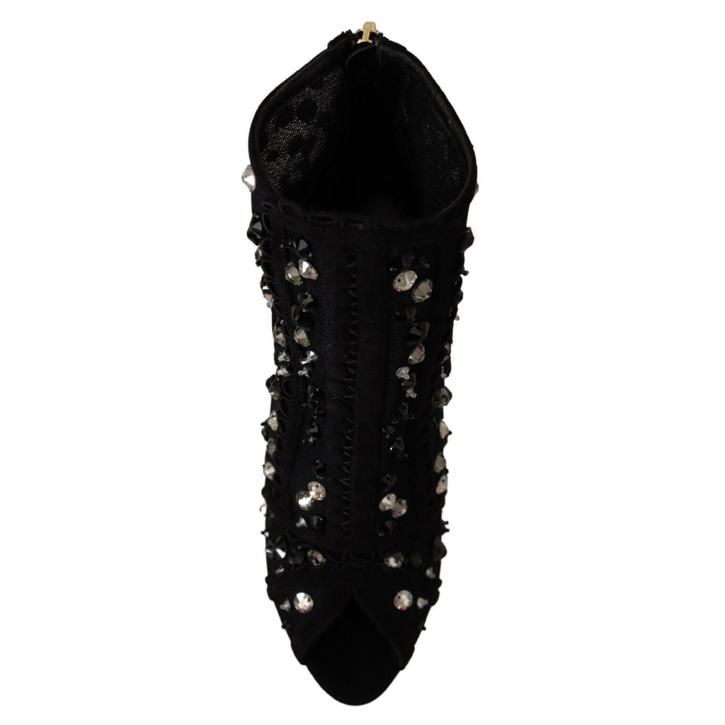 Dolce & Gabbana Black Crystals Heels Zipper Short Boots Shoes