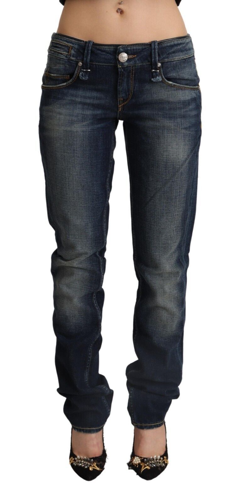 Acht Dark Blue Washed Cotton Skinny Denim Low Waist Jeans Acht