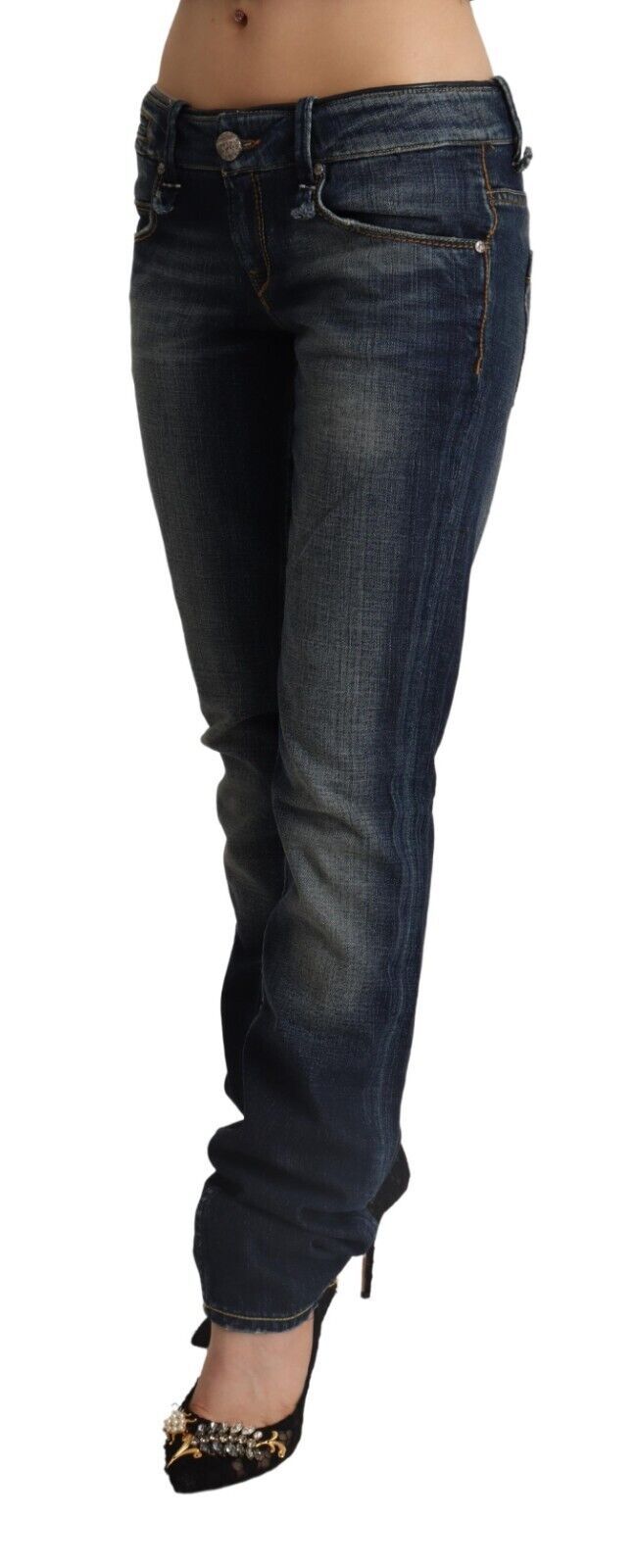 Acht Dark Blue Washed Cotton Skinny Denim Low Waist Jeans Acht