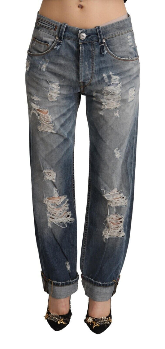Acht Blue Tattered Mid Waist Straight Denim Cotton Jeans Acht